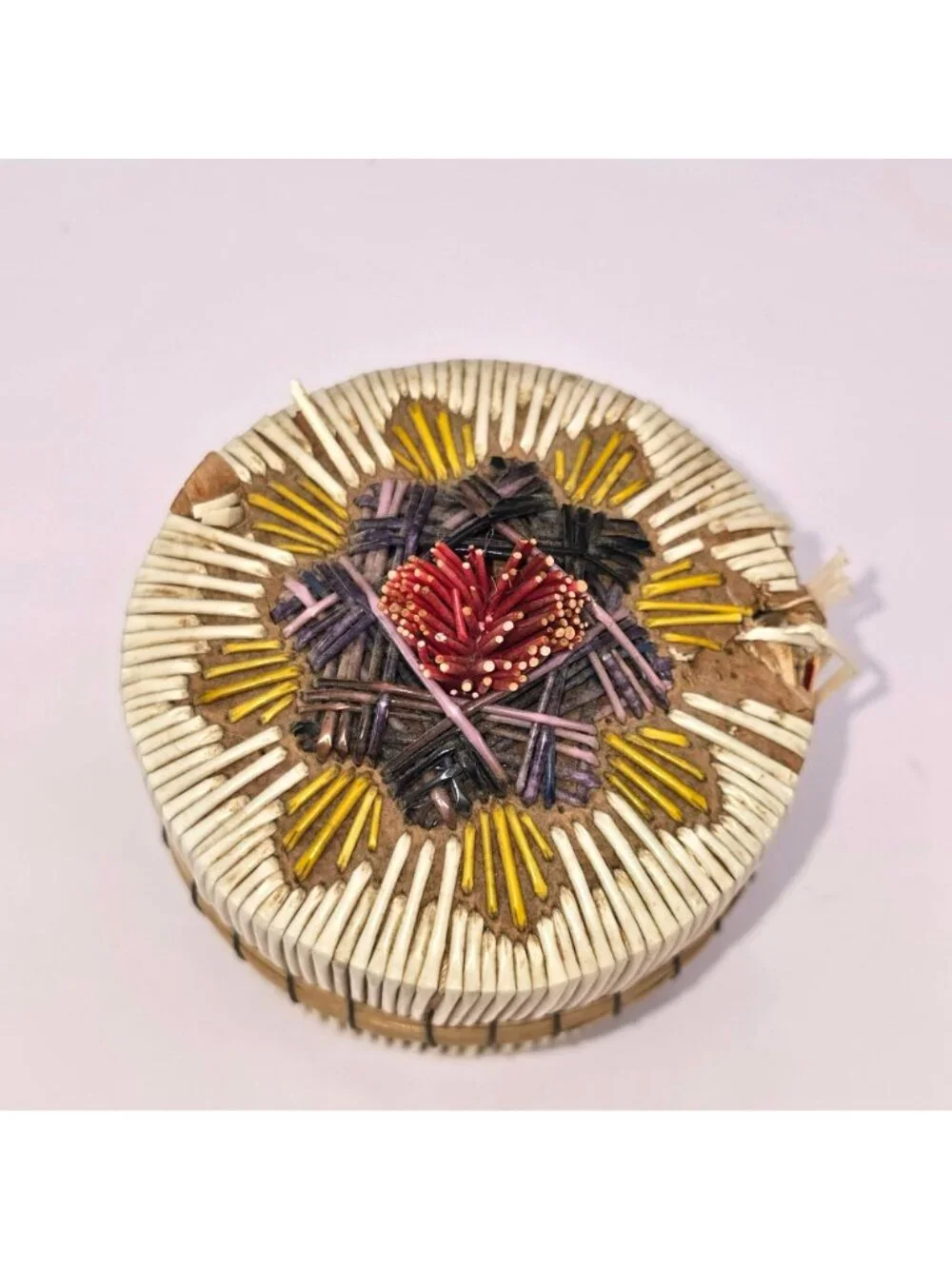 Vintage Native American Porcupine Quill Basket Handwoven Colorful BA213i